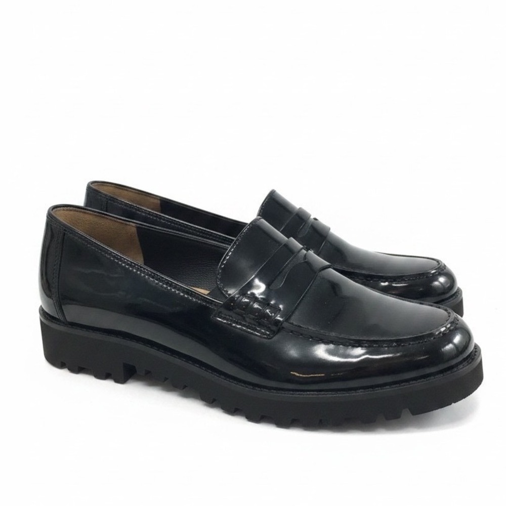 Paul Green Penny Loafers 7.5 Black Patent Lug Sole Vibram Dark Academia